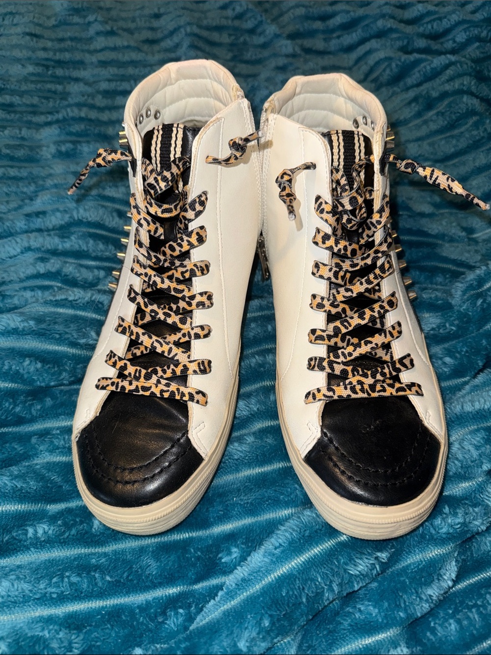 ShuShop White High-Top Sneakers with Black Toe and Leopard Laces